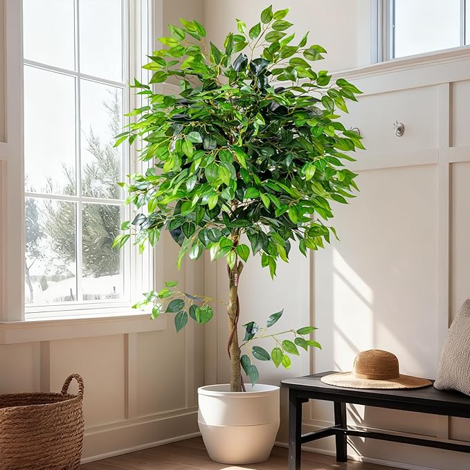 Artificial Ficus Tree 6FT Artificial Plants Indoor Fake Ficus for Indoor Home Decor, 150% Foliage Density Realistic Faux Tree Fake Floor Plant with Leaves for Living Room, Office, House Plant