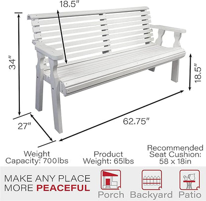 Amish Casual Heavy Duty 5 Foot Roll Back Outdoor Bench in White Stain - Amish Made in The USA from Treated Pine for Outdoor Durability, 700 Lb Weight Capacity