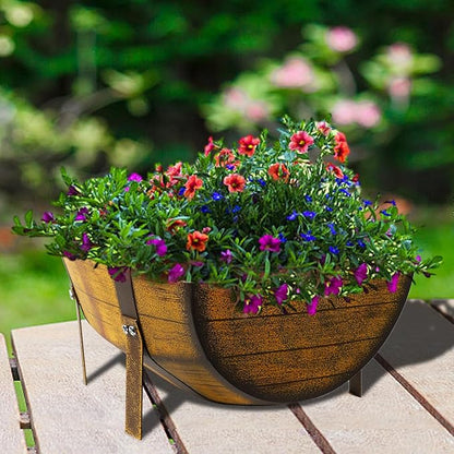 15.43In 2 Pack Rustic Barrel Planters, Decorative Outdoor Garden Backyard Planter with Legs, Metal Flower Pot Half Barrel Planter Box, Brown