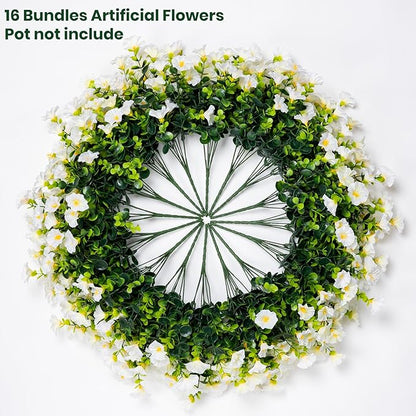 Artificial Faux Flowers for Outdoor 16 Bundles Boxwood Fake Morning Glory for Planter,UV Resistant Fake Flowers for Home Porch Patio Outside（White）