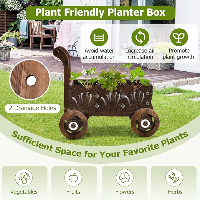 S AFSTAR Wooden Wagon Planter Box, Mobile Garden Planter with 4 Wheels, Handle, Drain Hole, Decorative Plant Wagon for Indoor & Outdoor Decor, Decorative Flower Cart for Patio, Garden, Balcony, Brown