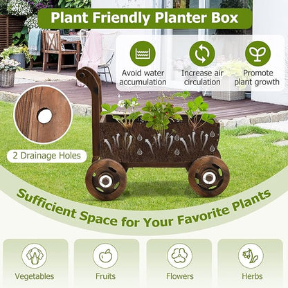 S AFSTAR Wooden Wagon Planter Box, Mobile Garden Planter with 4 Wheels, Handle, Drain Hole, Decorative Plant Wagon for Indoor & Outdoor Decor, Decorative Flower Cart for Patio, Garden, Balcony, Brown
