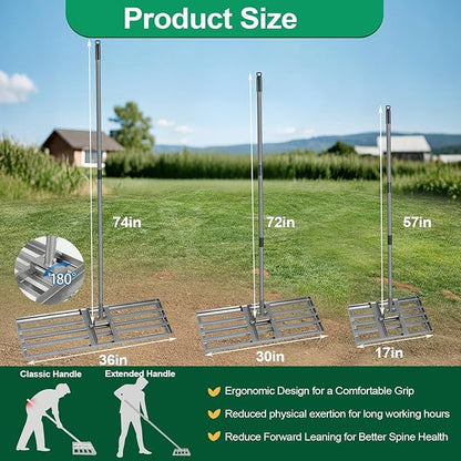 Lawn Leveling Rake, 30"x10" Heavy Duty Leveling Rake for Soil, Sand, Compost, Gravel, Steel Lawn Leveler with Adjustable Handle, Level Yard Tool for Backyard, Garden, Farm, Golf Course