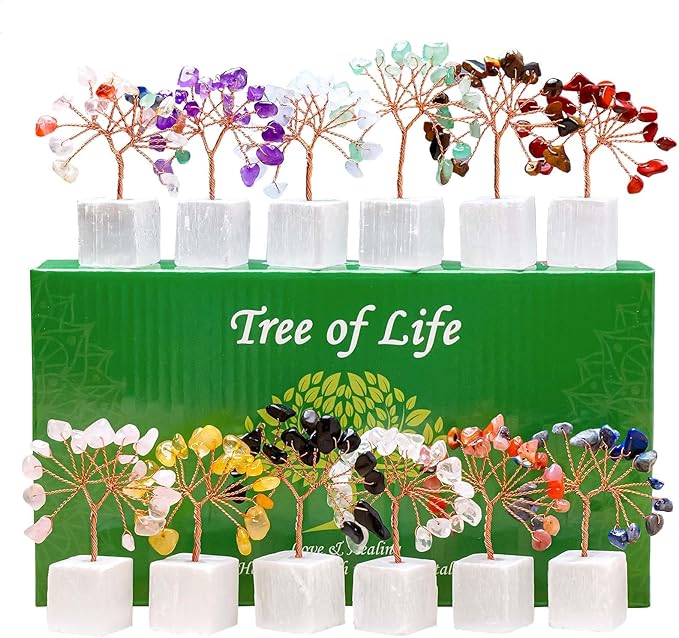 Runyangshi 12pcs Crystal Tree Set Natural Healing Crystal Gemstone Tree of Life with Selenite Base Trees Fengshui Good Luck Purification Positive Energy Home Decor