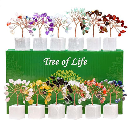 Runyangshi 12pcs Crystal Tree Set Natural Healing Crystal Gemstone Tree of Life with Selenite Base Trees Fengshui Good Luck Purification Positive Energy Home Decor