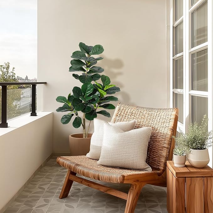 4 ft Fiddle Leaf Fig Tree Artificial with 48 Leaves - Realistic Faux Ficus Lyrata Trees in 7.8 in White Planter Pot, Indoor Fake Floor Plants for Home Office Living Room Decor, Housewarming Gift