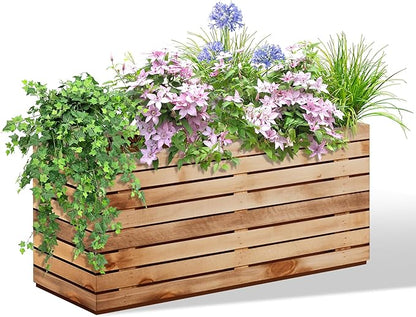 Rectangular Planters for Outdoor Plants, Large Planter Box with Drainage Holes, Metal Balck Palnters for Patio, Garden (32" L x 15" W x 16" H, Walnut Wood Grain)