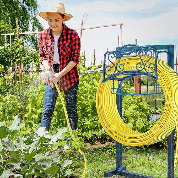 Garden Hose Holder for Outside - Upgraded Water Hose Holder Holds with Storage Basket, Heavy Duty Metal Freestanding Garden Hose Storage Reel Rack for Outdoor Yard Lawn (Blue)