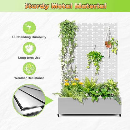 Metal Raised Garden Bed with Trellis, 2-in-1 Planter Box & Privacy Screen for Climbing Plants, Outdoor Standing Flower Bed with Drainage Holes, 47.2" L x 16.7" W x 70.8" H, White-Square