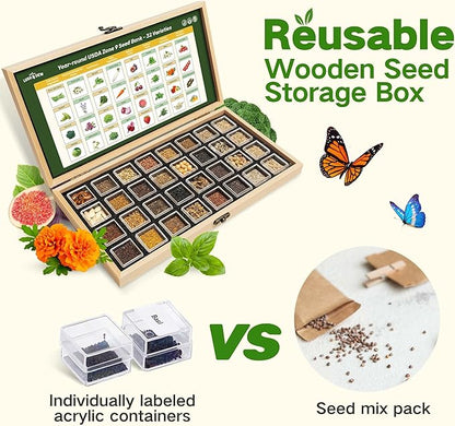Lush&Dew Year-Round USDA Zone 9 Seed Bank, Gift for Mom Dad, 32 Varieties Non-GMO Heirloom Seeds of Vegetables Herbs, Gardening Gifts for Women Men, Survival Seed Kit for Raised Garden Bed Greenhouse