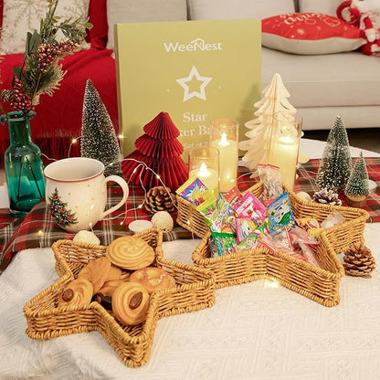 Star Wicker Basket, Rattan Basket, Decorative Basket, Star Plates, Woven Basket for Gifts, Christmas Stars, Christmas Serving Dishes and Platters, Oat milk, Resin Wicker Set of 2