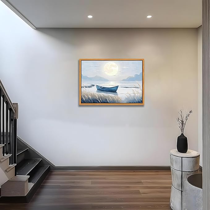 Floating Framed Coastal Bathroom Wall Art, Blue Beach Nautical Ocean Nature Canvas Picture, Blue Boat Moon Lake Mountain Sea Poster Print Painting, for Modern Home Bedroom Wall Decor 12x16 inch
