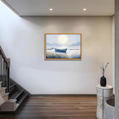 Floating Framed Coastal Bathroom Wall Art, Blue Beach Nautical Ocean Nature Canvas Picture, Blue Boat Moon Lake Mountain Sea Poster Print Painting, for Modern Home Bedroom Wall Decor 12x16 inch