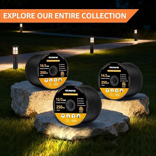 SUNVIE 14/2 Low Voltage Landscape Lighting Wire 250FT with Spool Outdoor Landscape Cable 14 Gauge 2 Conductors Low Voltage Wire for Landscaping Lights, ETL Listed, Pure Copper, Outdoor Direct Burial