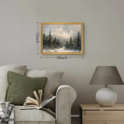 Framed Vintage Wall Art, Forest Landscape Canvas Wall Decor, Winter Pine Tree Poster Print Picture, Christmas Decor Painting for Living Room Bathroom Kitchen Home Decor 16x12 Inch
