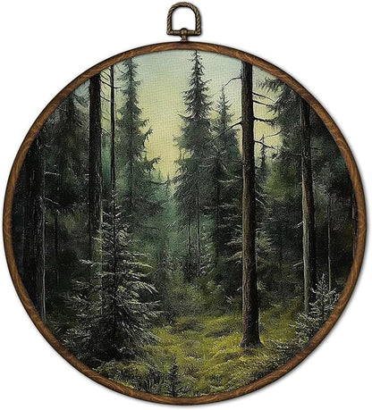 cvjutf Forest Landscape Wall Art Framed, Forest Bathroom Decor, Modern Green Nature Round Wall Decor, Nature Pine Tree Scenery Canvas Prints Art for Bedroom Bathroom Living Room, 10x10 Inch