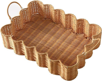 Scalloped Rattan Tray Basket,17"*12"*4" Super Hard Rectangle Hand Woven Wicker Serving Tray with Handles, Seagrass Decoratve Tray for Coffee Table (Rattan-Cream Color-17 * 12 * 4")