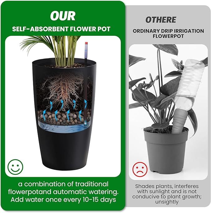 IDEALHOUSE Set of 2 Tall Planters for Outdoor Plants - 22 in Large Planters for Outdoor Indoor Plants with Water Level Monitor, Inner Bucket, Automatic Watering, for Porch, Patio, Backyard, Black