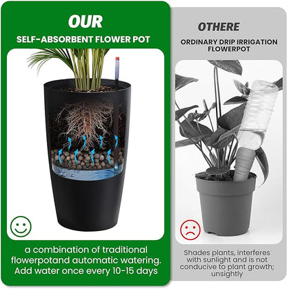 Tall Planters - Set of 2 Large 22 in Planters for Outdoor Indoor Plants, Water Level Monitor, Inner Bucket, Automatic Watering, Ideal for Porch Patio Backyard, Black