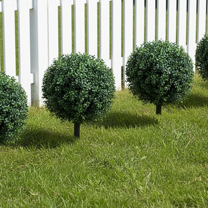 23 Inch Artificial Boxwood Topiary Balls Tree, UV Resistant Faux Boxwood Trees with Ground Spike, Perfect for Indoor & Outdoor Garden, Porch, Front Door, and Home Décor, Set of 2