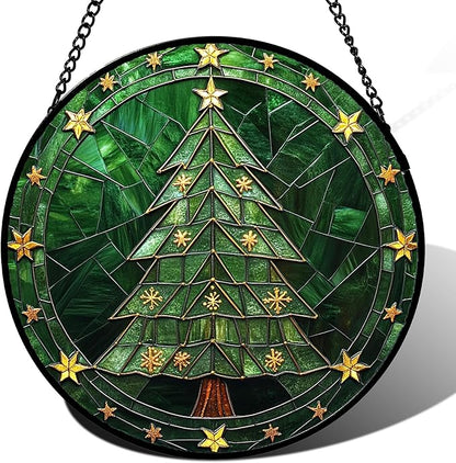 Stained Glass Window Hanging - Green Christmas Tree with Golden Stars Suncatcher for Doors Home Christmas Decoration Sun Catcher Thanksgiving New Year Birthday Gifts for Women Men Mom Nana 7.8 in