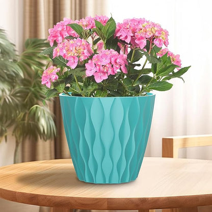 7 Inch Plant Pots with Saucers, 6 Pack Indoor Flower Pots, Planters with Drainage Holes for Orchids, Violets, Succulents, Herbs, and Other Plants, White (Black-Green, 7inch)
