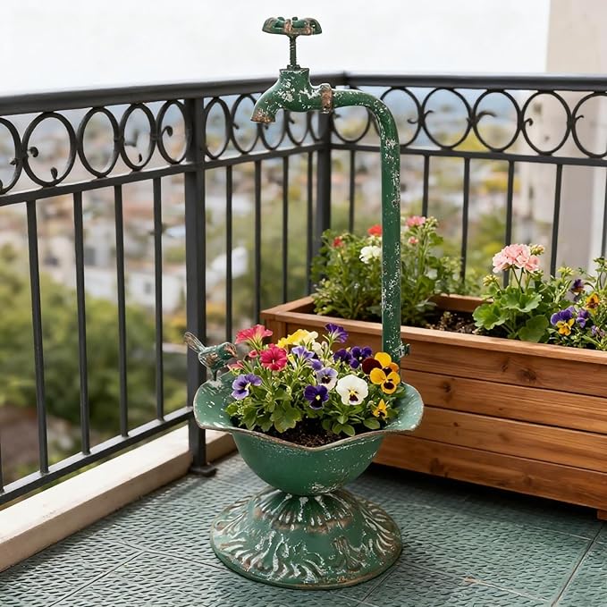 Unique Planters for Indoor Outdoor Plants, Rustic Succulent Planters, Outdoor Flower Pots, Indoor Succulent Plant Pots, Metal Tap Design, Home and Garden Decor (Green)