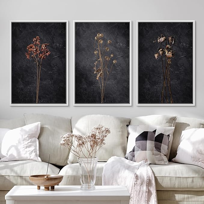 Ashbrook Framed Canvas Print Wall Art Set Dark Moody Wildflowers Nature Wilderness Illustrations Modern Art Decorative Floral Botanical Minimal Calm/Relax/Cozy for Bedroom - 24"x36"x3 White