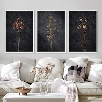 Ashbrook Framed Canvas Print Wall Art Set Dark Moody Wildflowers Nature Wilderness Illustrations Modern Art Decorative Floral Botanical Minimal Calm/Relax/Cozy for Bedroom - 16"x24"x3 White