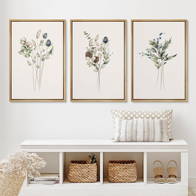 Ashbrook Framed Canvas Print Wall Art Set Wildflower Bouquet Nature Wilderness Illustrations Modern Art Decorative Floral Botanical Minimal Calm/Relax/Cozy for Bedroom - 16"x24"x3 NATURAL