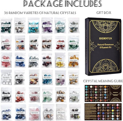 Polished Healing Crystal Stones Set, 36 Different Natural Gemstone Types, 2.5 lbs of 0.5" Tumbled Decorative Rocks Collection for Chakra, Meditation, Reiki, Energy Work, Crafts