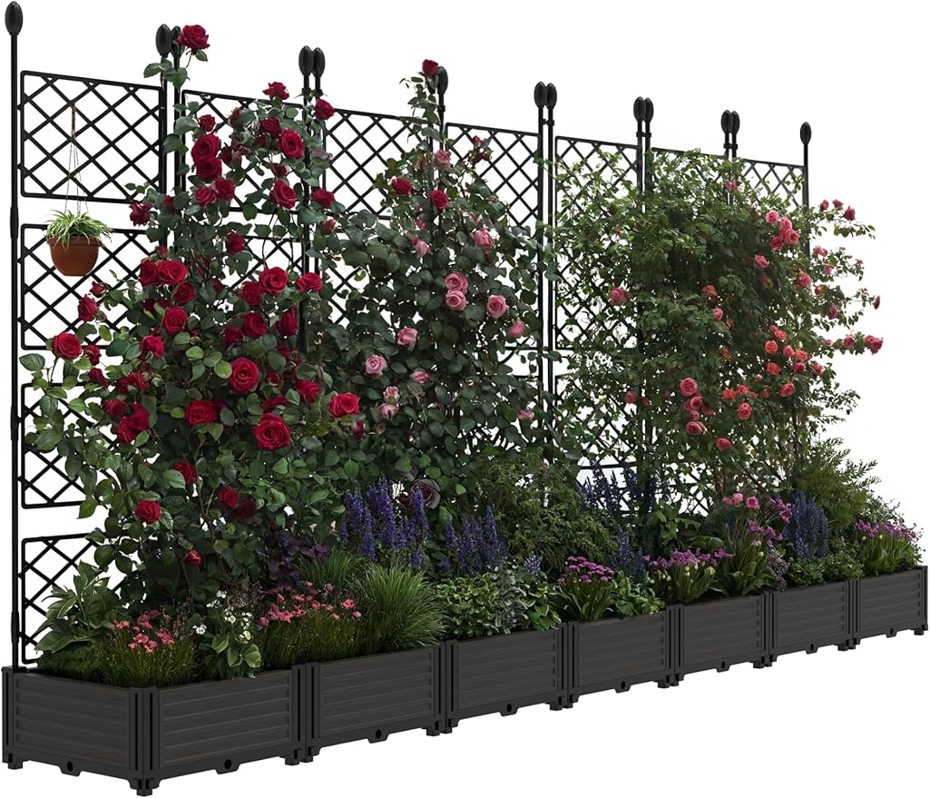 7 PCS Raised Garden Bed with Trellis, 116 in W x 63"Tall Plastic Planter Box for Climbing Plants, Outdoor Vertical Garden with Privacy Screen for Patio, Balcony, Backyard – Sturdy & Lightweight