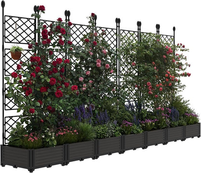 7 PCS Raised Garden Bed with Trellis, 116 in W x 63"Tall Plastic Planter Box for Climbing Plants, Outdoor Vertical Garden with Privacy Screen for Patio, Balcony, Backyard – Sturdy & Lightweight