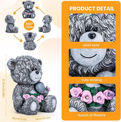 Solar Garden Outdoor Statues Bear with Heart and Pink Flower and 5 LED Lights-Lawn Decor Bear Statue for Patio, Balcony, Yard Ornament-Unique Mother's Day and Housewarming Gifts for Mom, Women