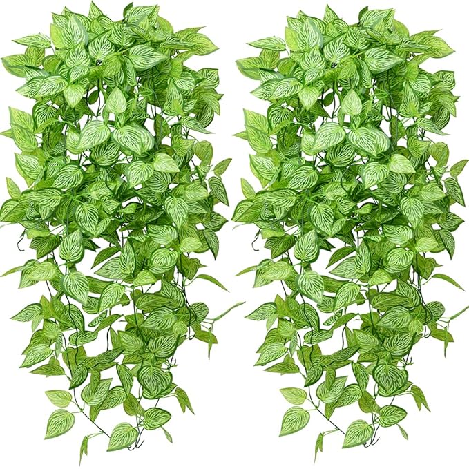 Artificial Hanging Plants 2pcs Fake Hanging Plant Artificial Faux Plant Outdoor UV Resistant Plastic Plants (Green)