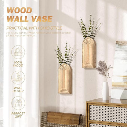 EOSAHR Pine Wood Set of 2 Wall Vases – Farmhouse Wall Decor for Bedroom, Living Room, Bathroom & Office – Hanging Planters for Indoor Plants with Best Boho Decor (Natural Wood)