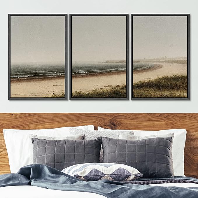 Ashbrook Framed Canvas Print Wall Art Set Misty Beach Horizon Nature Wilderness Illustrations Fine Art Decorative Seascape Horizon Vintage for Living Room, Bedroom, Office - 16"x24"x3 Black