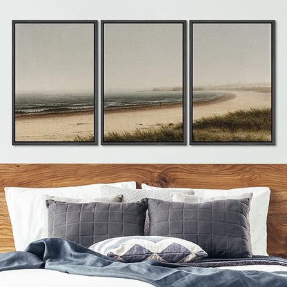 Ashbrook Framed Canvas Print Wall Art Set Misty Beach Horizon Nature Wilderness Illustrations Fine Art Decorative Seascape Horizon Vintage for Living Room, Bedroom, Office - 16"x24"x3 Black