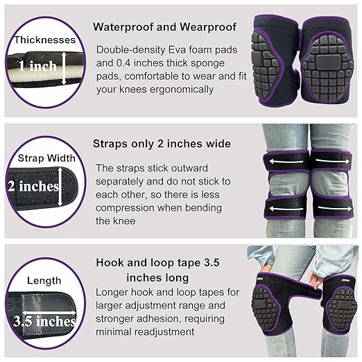 Gardening Knee Pads for Men Women, Soft Knee Cushion with Straps for Scrubbing Floors, Safety Kneeling Pads for Housekeeping Working, Flooring Knee Pad for Kneeling Crawling for Christmas, Purple L (1 Pair)
