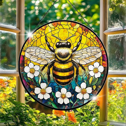 Bee Sunflower Stained Glass Window Hanging, 7.9" Vintage Bee Yellow Flower Sun Catcher for Window Door Home Decor, Bumblebee Suncatcher Christmas Birthday Gifts for Women Friends