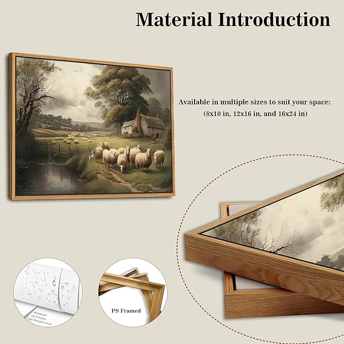 SAMHOU Floating Framed Canvas Wall Art, Vintage French Country Nature Landscape Wall Decor, Meadow Flock of Sheep Poster Prints Picture for Farmhouse Living Room Bedroom Home Decor 12x16 inch