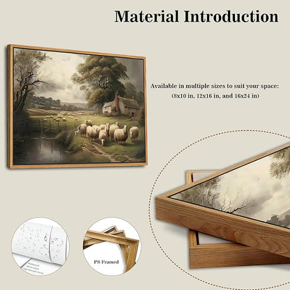 SAMHOU Floating Framed Canvas Wall Art, Vintage French Country Nature Landscape Wall Decor, Meadow Flock of Sheep Poster Prints Picture for Farmhouse Living Room Bedroom Home Decor 12x16 inch