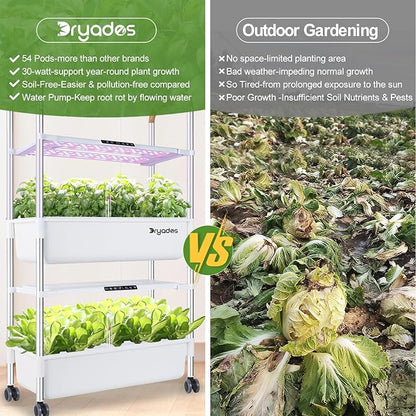 Indoor Hydroponic Growing System with 54 Pods Herbs Garden Kit with 30W Led Grow Light Large Movable 2-Layer Floor-Standing Hydroponic Gardening System for Vegetable Fruit