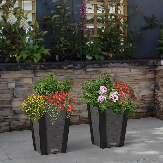 Mayne Vista 18in Outdoor Planter 2-Pack- Modern Tall Tapered Design with Drainage Hole for All Season Use - Ideal Front Porch Decor & Patio Planter - Easy Assembly
