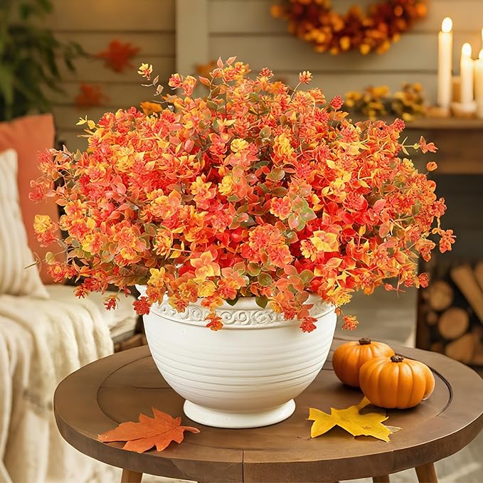 16 Bundles Artificial Flowers for Fall Outdoors Decoration - Fake Mums Faux Artificial Plants Plastic Shrubs Flower No Fade for Harvest Halloween Thanks Giving Day Decor