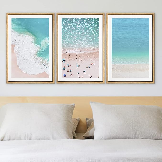 Ashbrook Framed Wall Art Print Set Aerial View Nautical Beach Ocean Wave View Nature Wilderness Photography Modern Art Scenic Colorful Chic for Living Room, Bedroom, Office - 16"x24"x3 Natural