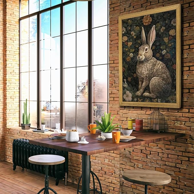 SAMHOU Framed 3D Textured Wall Art, Vintage Sandstone Hand Drawn Rabbit Wall Decor, Easter Cute Bunny Decor Painting, Nature Animal Flowers Pictures for Bathroom Living Room Bedroom Office 12x16 inch