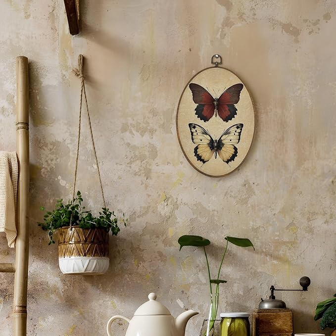 LKETW Vintage Butterfly Oval Wall Art Decor, Retro Cottagecore Butterfly Oval Canvas Hanging Decor, Retro Whimsical Moth Insect Wall Decorations for Home Living Room Bedroom, 8.6x11.4 Inch
