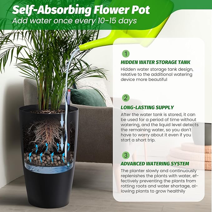 IDEALHOUSE Set of 2 Tall Planters for Outdoor Plants - 22 in Large Planters for Outdoor Indoor Plants with Water Level Monitor, Inner Bucket, Automatic Watering, for Porch, Patio, Backyard, Black