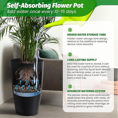 Tall Planters - Set of 2 Large 22 in Planters for Outdoor Indoor Plants, Water Level Monitor, Inner Bucket, Automatic Watering, Ideal for Porch Patio Backyard, Black